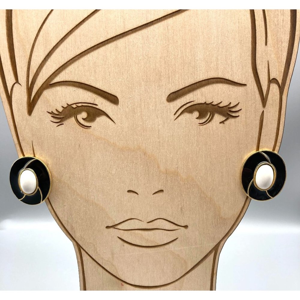 Basic Chic Earrings, Black Enamel and Gold Tone Studs with White Cabochon Center